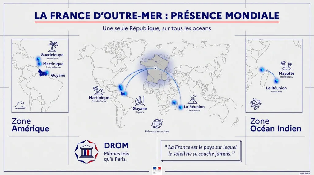Carte montrant la présence mondiale des territoires d'outre-mer français