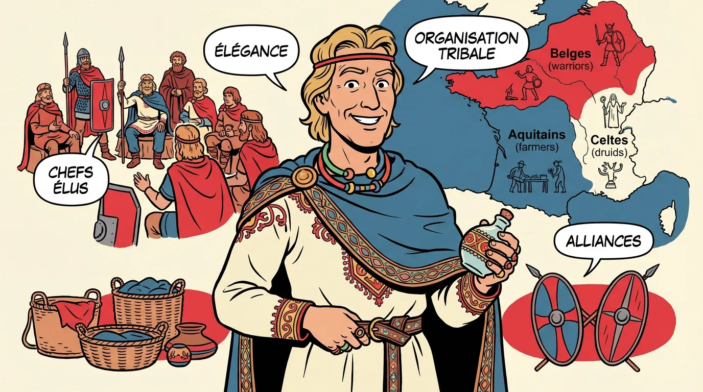 Illustration de Vercingétorix souriant, expliquant la société gauloise avec chefs élus, carte des tribus de Gaule, artisanat et alliances.
