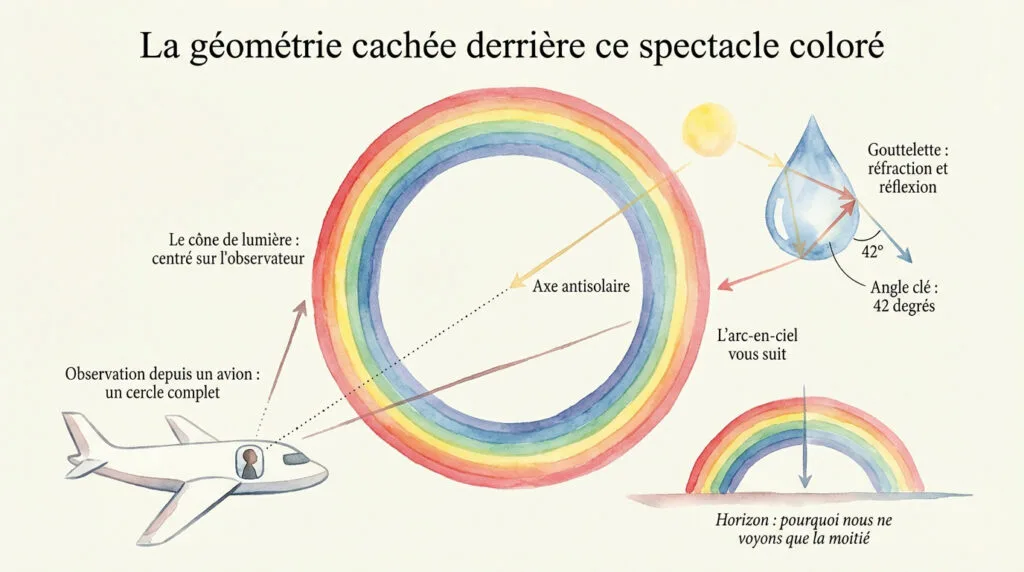 Schéma géométrique montrant la formation circulaire d'un arc-en-ciel et l'angle de quarante-deux degrés