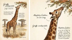 Deux illustrations d'une girafe broutant des feuilles. La première montre la girafe entière en savane, la seconde détaille son long cou.