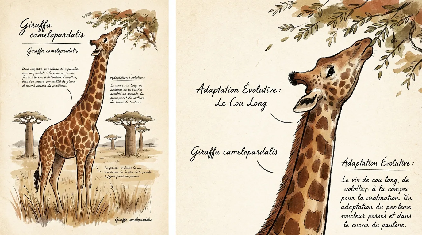 Deux illustrations d'une girafe broutant des feuilles. La première montre la girafe entière en savane, la seconde détaille son long cou.