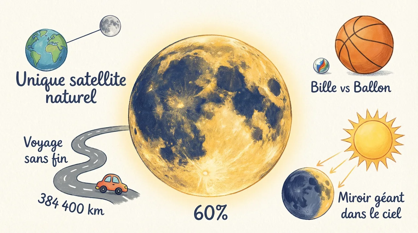 Infographie pour enfants sur la Lune : satellite naturel de la Terre, sa distance, sa taille relative, et qu'elle reflète la lumière du soleil.