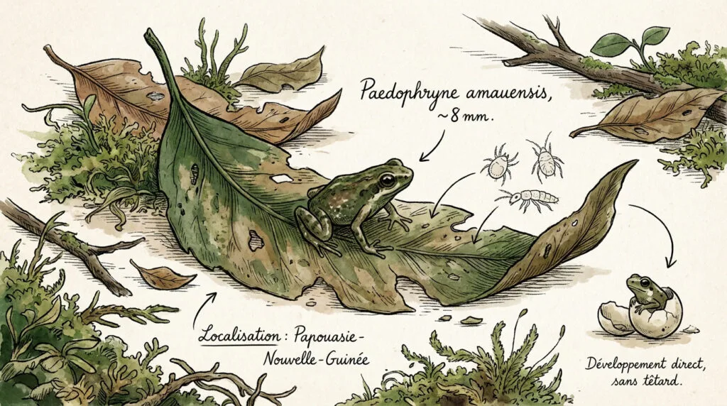 La minuscule grenouille Paedophryne amauensis sur une pièce de monnaie pour illustrer sa taille de 7,7 millimètres