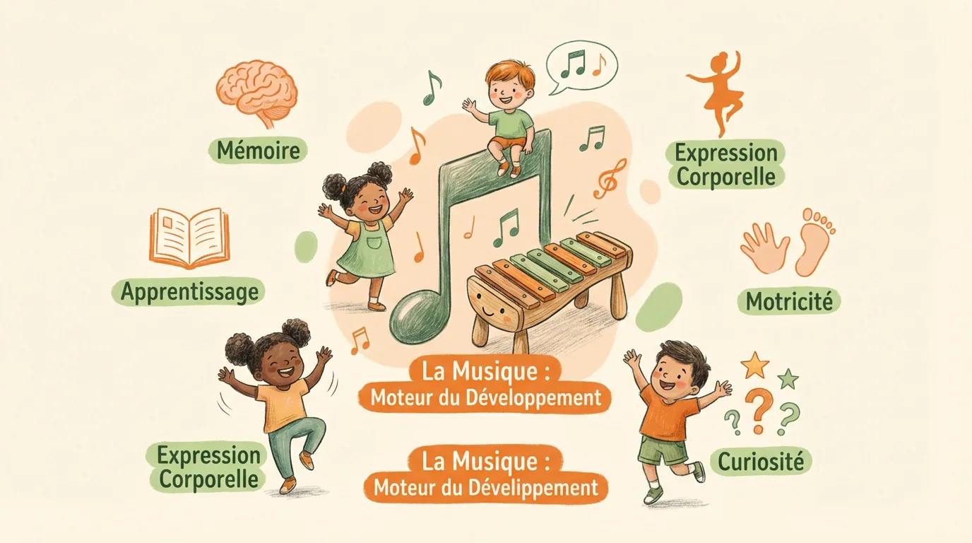 Illustration sur les bienfaits de la musique pour le développement des enfants : mémoire, apprentissage, motricité, expression corporelle et curiosité.