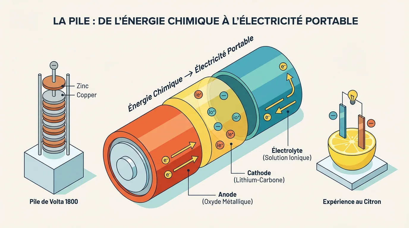 Illustration du fonctionnement d'une pile : de la pile de Volta à la batterie moderne et l'expérience du citron.