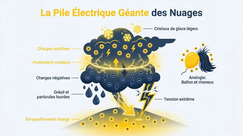Schéma de la séparation des charges électriques positives et négatives dans un nuage d'orage