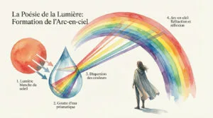 Illustration aquarelle expliquant la formation d'un arc-en-ciel: lumière du soleil, goutte d'eau, dispersion des couleurs et observateur.