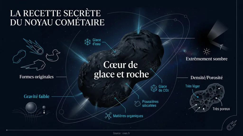 Illustration d'un noyau cométaire composé de glace et de poussière spatiale