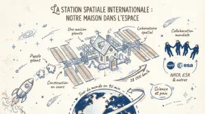 Illustration dessinée de l'ISS comme une maison dans l'espace, avec la Terre, des astronautes et des infos clés pour enfants.