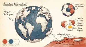 Illustration pédagogique pour enfants des plaques tectoniques. Montre la Terre divisée, une analogie avec un ballon et un œuf, et le mouvement des plaques sur de la matière chaude.