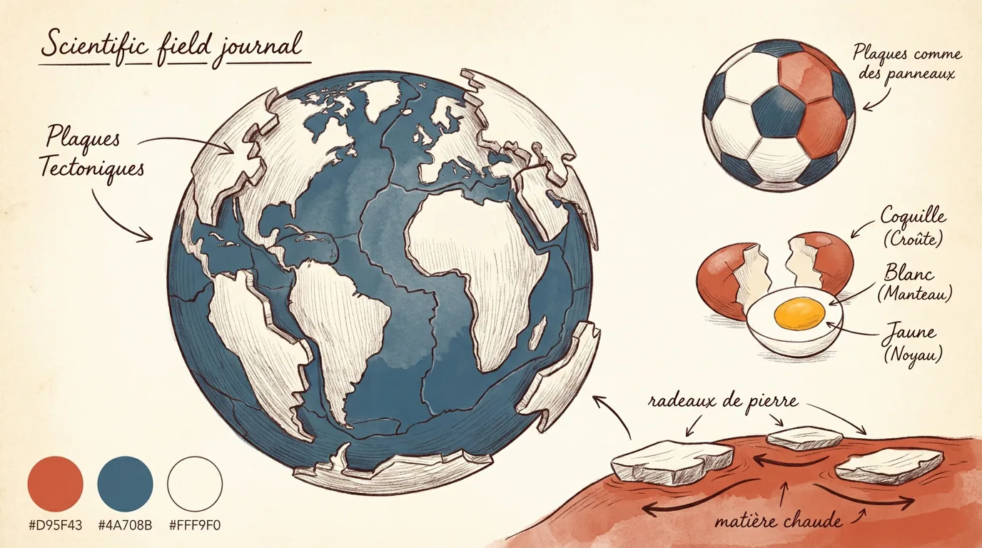 Illustration pédagogique pour enfants des plaques tectoniques. Montre la Terre divisée, une analogie avec un ballon et un œuf, et le mouvement des plaques sur de la matière chaude.