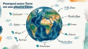 Illustration aquarelle de la Terre expliquant pourquoi c'est une planète bleue, montrant continents, océans et pourcentages d'eau.