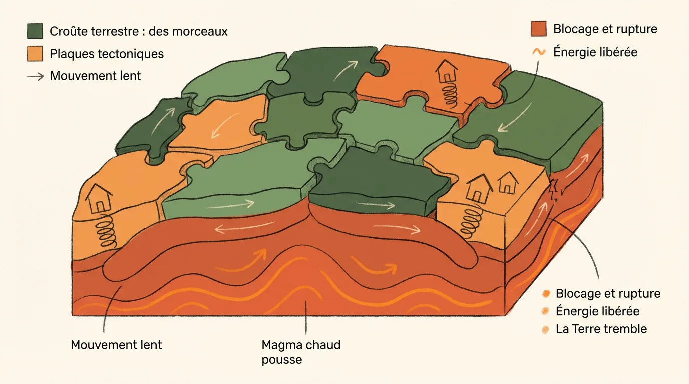 Diagramme illustrant le mouvement des plaques tectoniques comme des pièces de puzzle sur le magma, menant à des blocages et séismes.