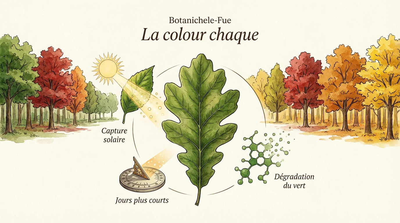 Illustration scientifique expliquant le processus du changement de couleur des feuilles en automne, lié à la lumière solaire et aux jours plus courts.