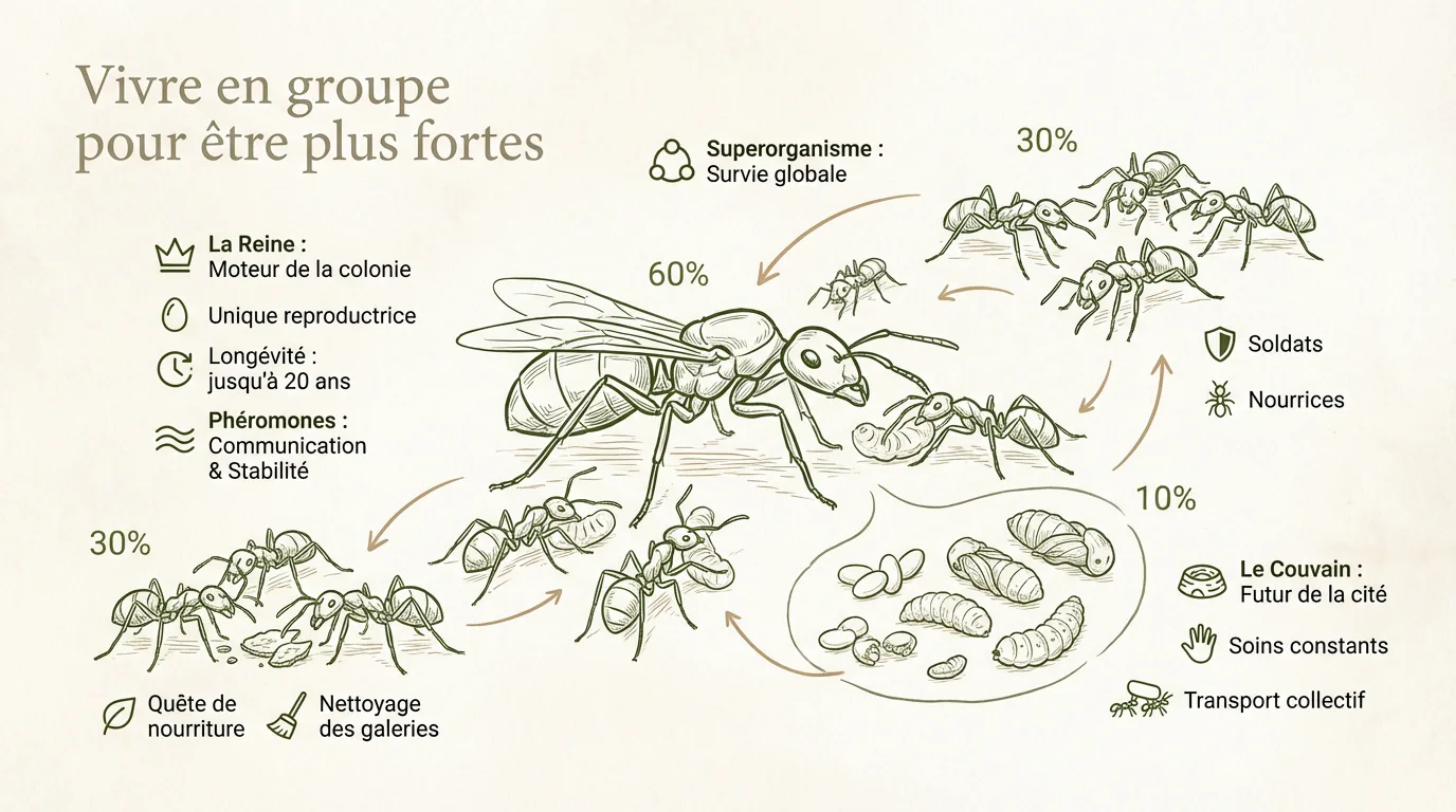 Infographie sur la structure et le fonctionnement d'une colonie de fourmis, montrant la reine, les ouvrières, le couvain et leurs rôles.