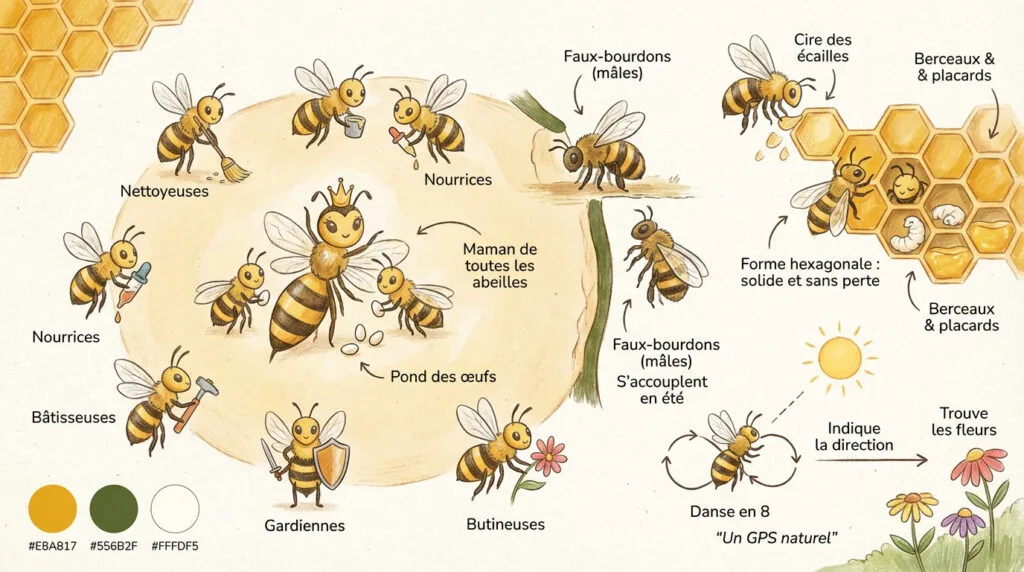 Abeilles ouvrières travaillant sur les alvéoles de cire dans une ruche