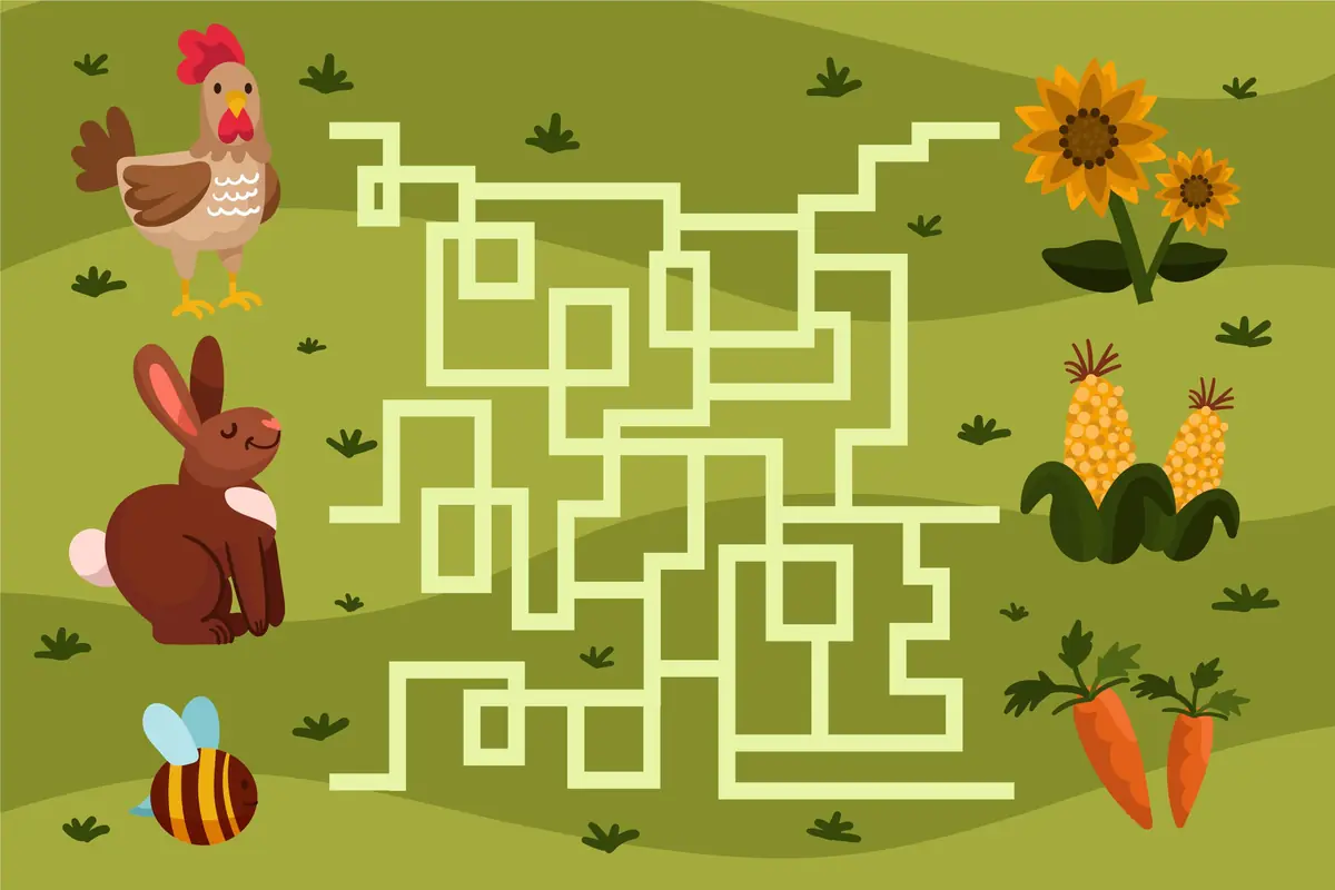 Labyrinthe de printemps ferme avec poule lapin abeille vers tournesol mais carottes a imprimer