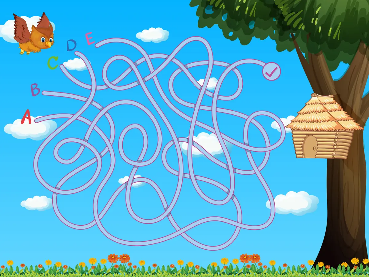 Labyrinthe de printemps hibou rejoint la maison en suivant les lettres ABCDE a imprimer