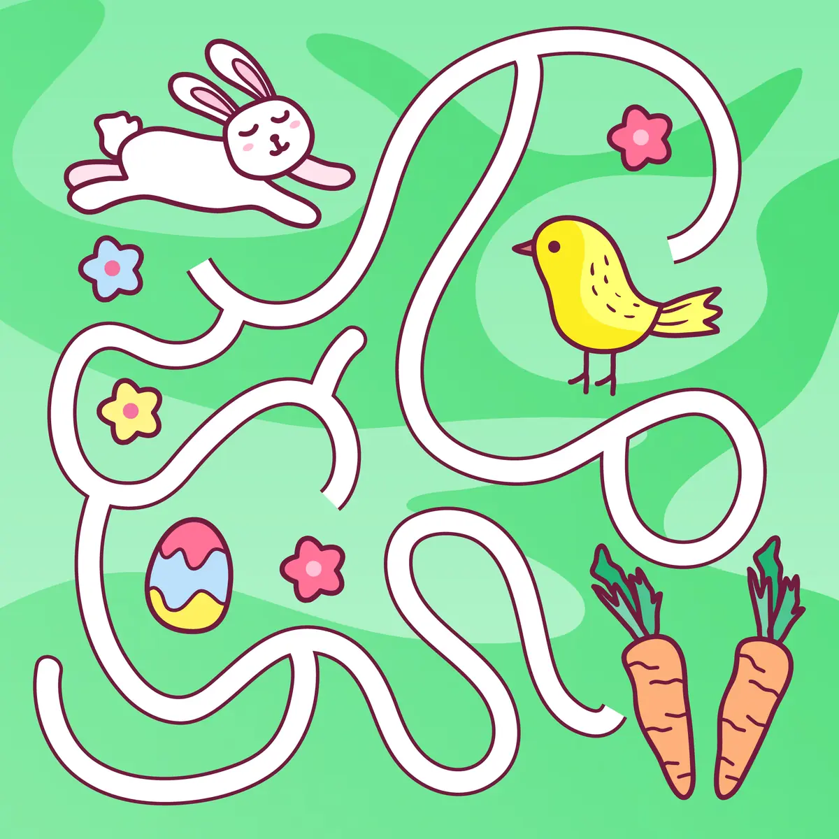 Labyrinthe de printemps style doodle avec lapin poussin et carottes a imprimer