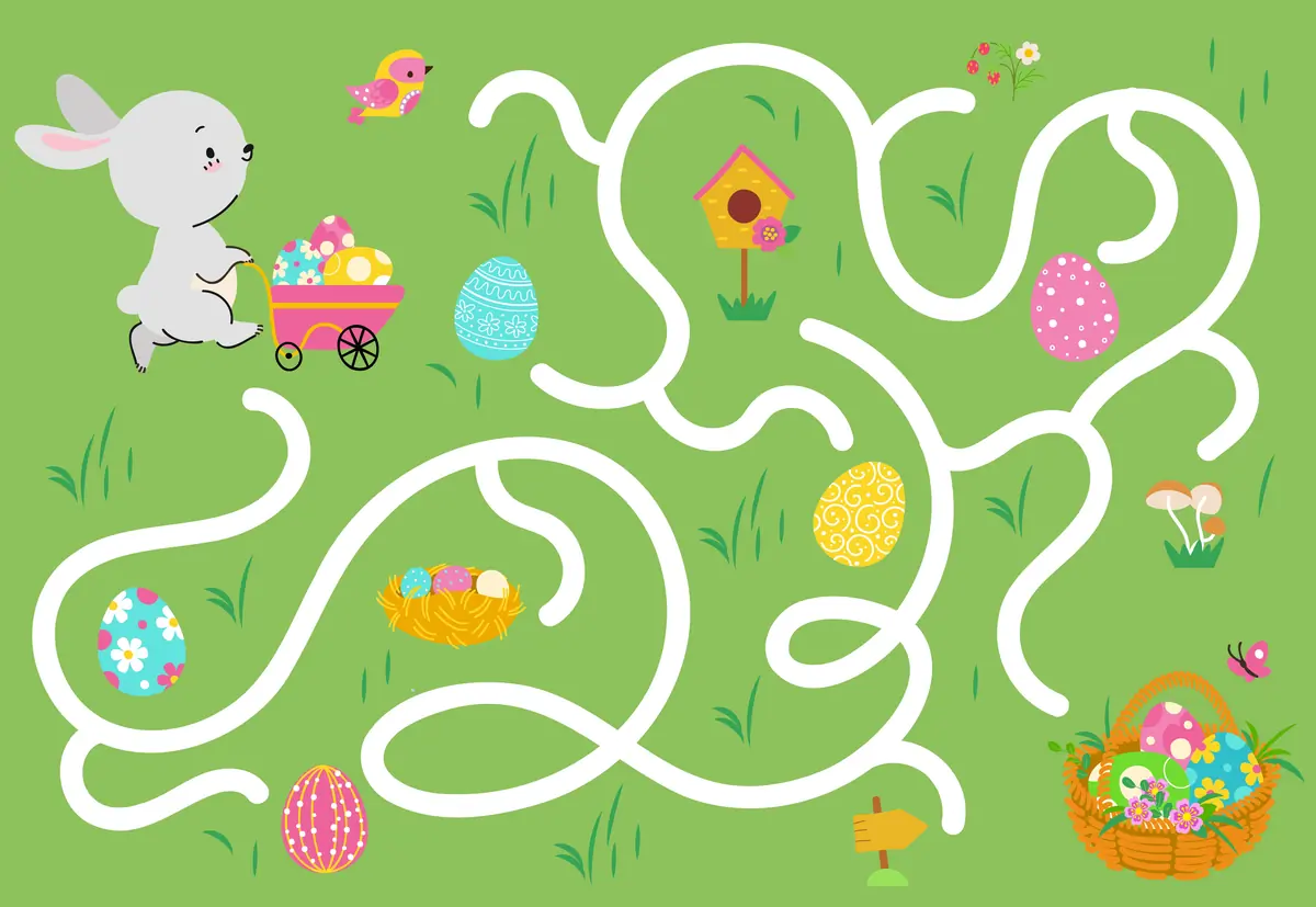 Labyrinthe de printemps lapin chasse aux oeufs de Paques avec panier a imprimer