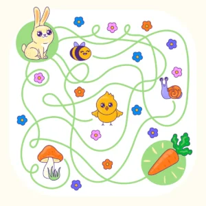 Labyrinthe de printemps avec lapin poussin abeille vers la carotte a imprimer