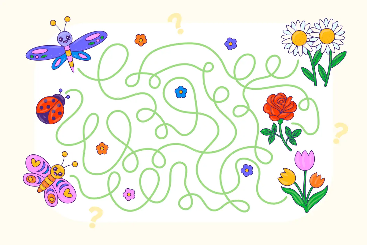 Labyrinthe de printemps papillon coccinelle vers roses tulipes et marguerites a imprimer