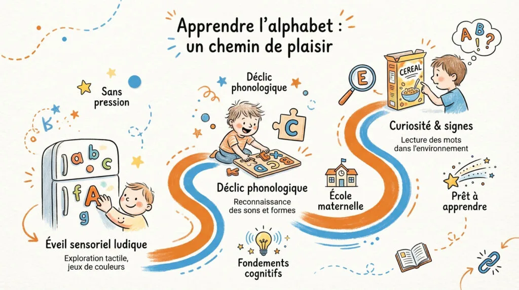 Enfant souriant manipulant des lettres colorées en bois
