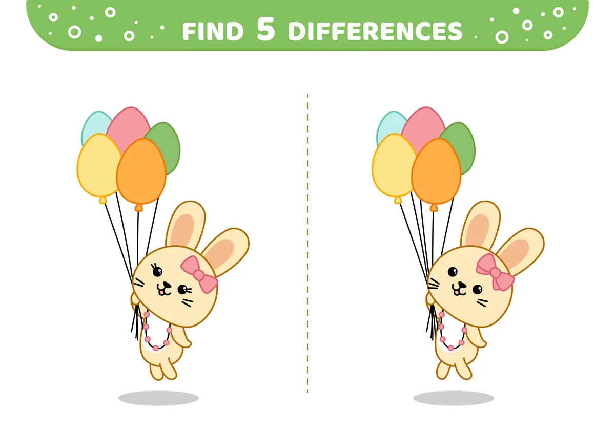 Jeu des differences Paques lapin kawaii avec ballons en forme d'oeufs 5 differences a imprimer