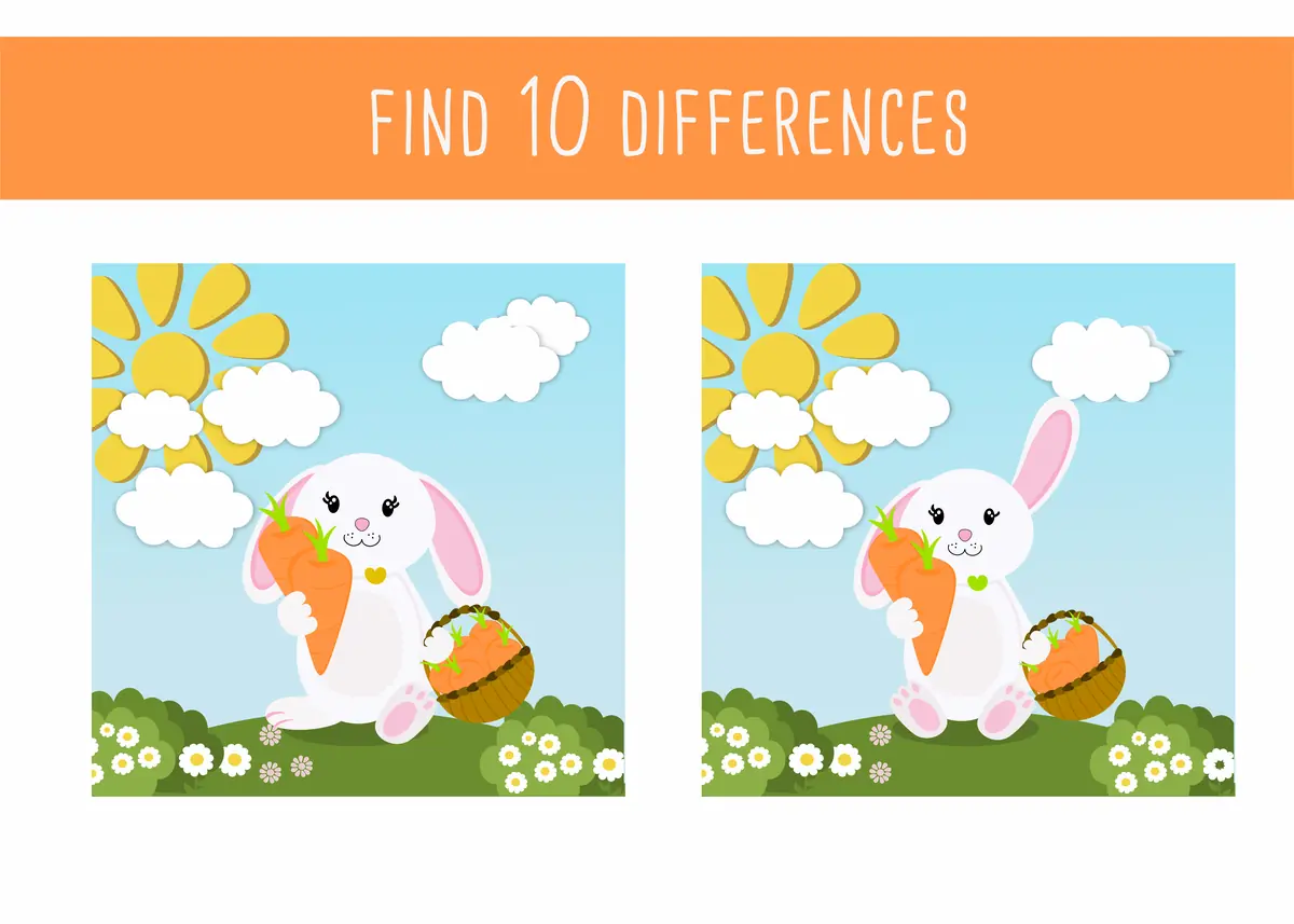 Jeu des differences Paques lapin blanc avec carotte et panier d'oeufs 10 differences a imprimer