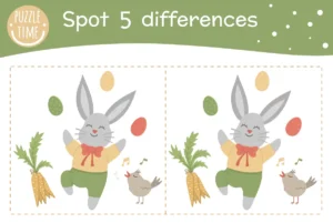 Jeu des differences Paques lapin dansant avec carotte et oiseau 5 differences a imprimer