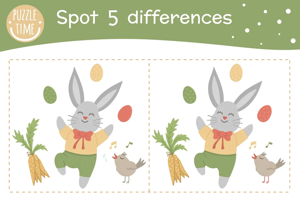 Jeu des differences Paques lapin dansant avec carotte et oiseau 5 differences a imprimer
