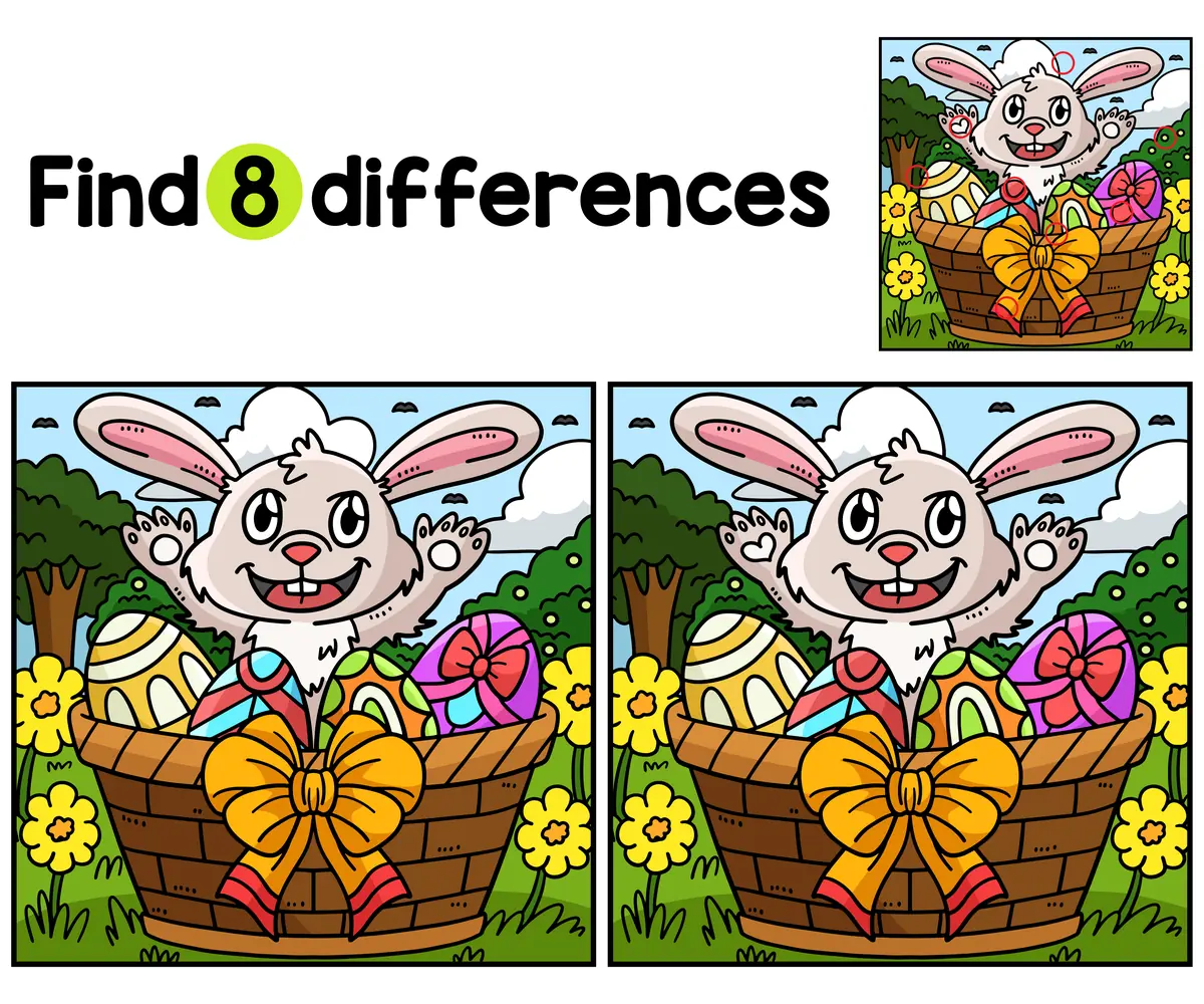 Jeu des differences Paques lapin blanc dans panier d'oeufs colores 8 differences a imprimer