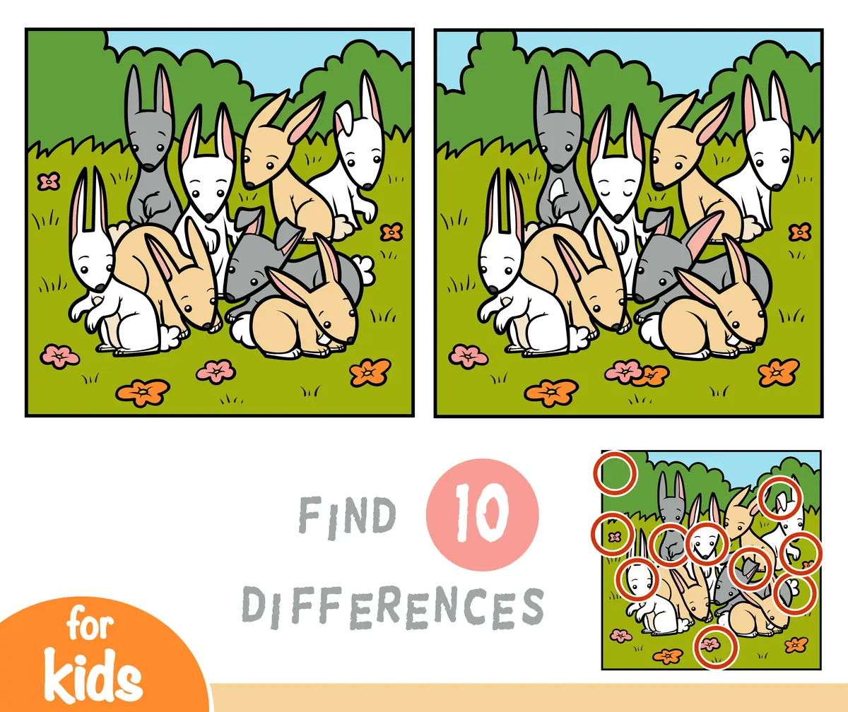 Jeu des differences Paques famille de lapins cartoon dans la prairie 10 differences a imprimer