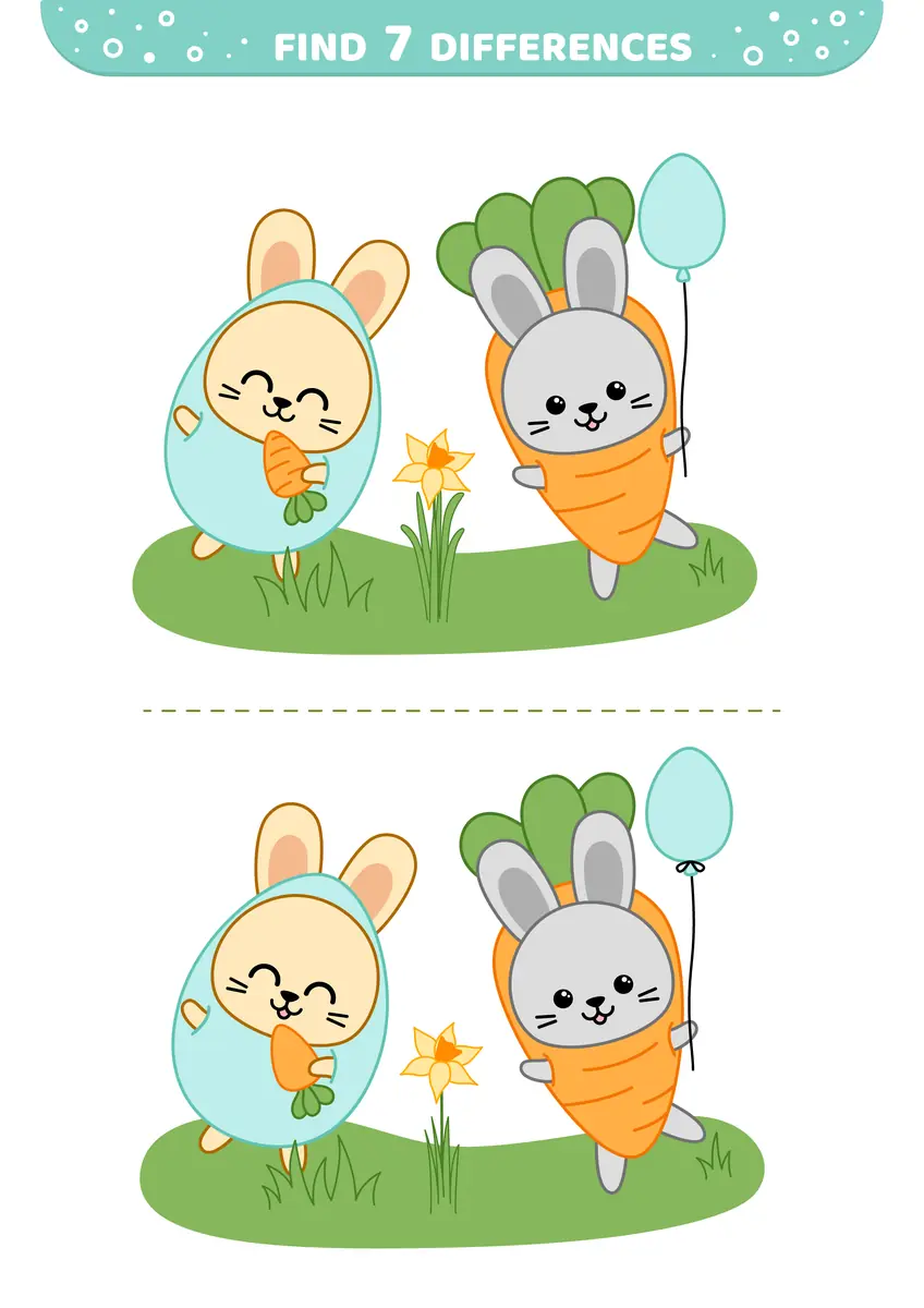 Jeu des differences Paques deux lapins en costumes carotte et oeuf jonquille ballon 7 differences a imprimer