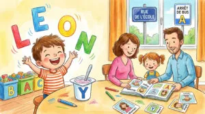 Famille (parents, fille, garçon) apprenant l'alphabet et des mots. Garçon excité, lettres colorées. Parents et fille avec livre et cartes.