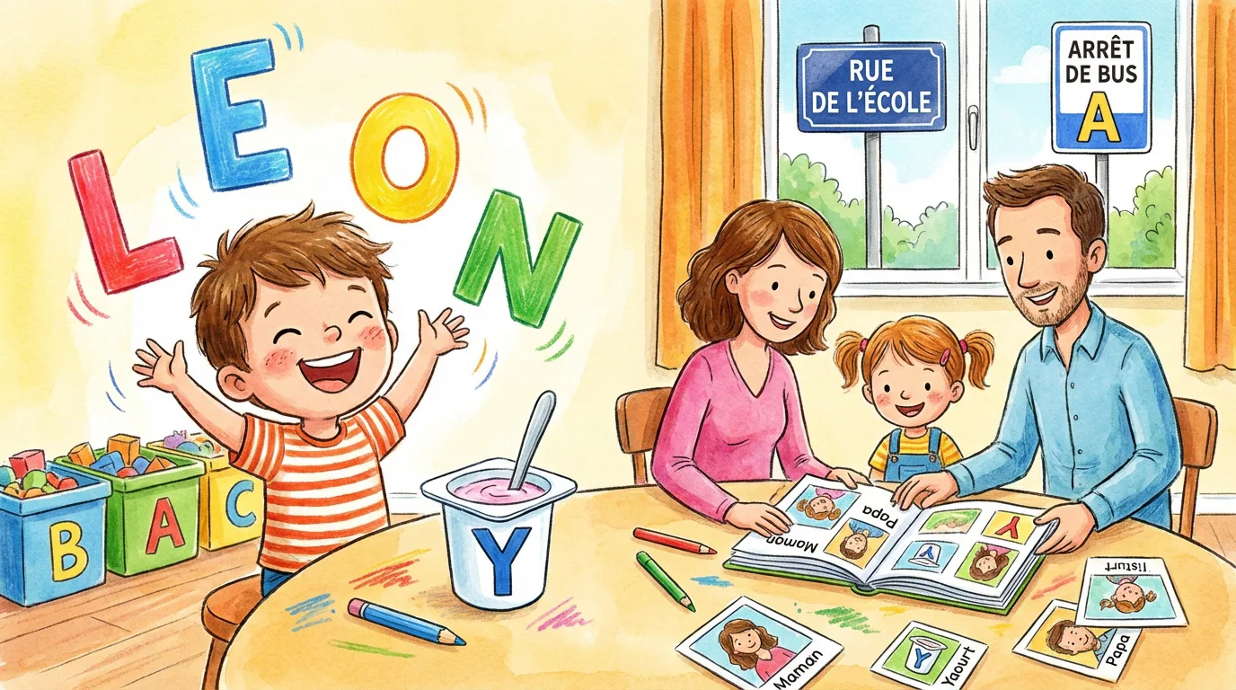Famille (parents, fille, garçon) apprenant l'alphabet et des mots. Garçon excité, lettres colorées. Parents et fille avec livre et cartes.