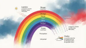 Illustration expliquant l'ordre des 7 couleurs de l'arc-en-ciel, la réfraction de la lumière et les longueurs d'onde associées.