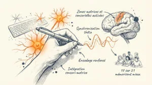 Schéma expliquant les bénéfices de l'écriture manuscrite: activation cérébrale, synchronisation thêta, meilleure mémorisation.