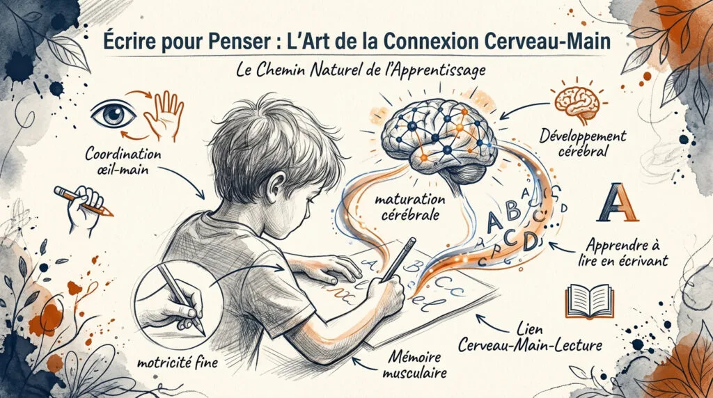 Enfant qui apprend à écrire avec un stylo sur un cahier pour stimuler son cerveau