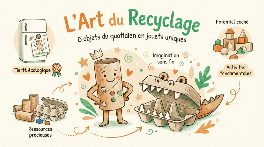 Enfant créant des jouets avec des boîtes en carton et des rouleaux de papier recyclés