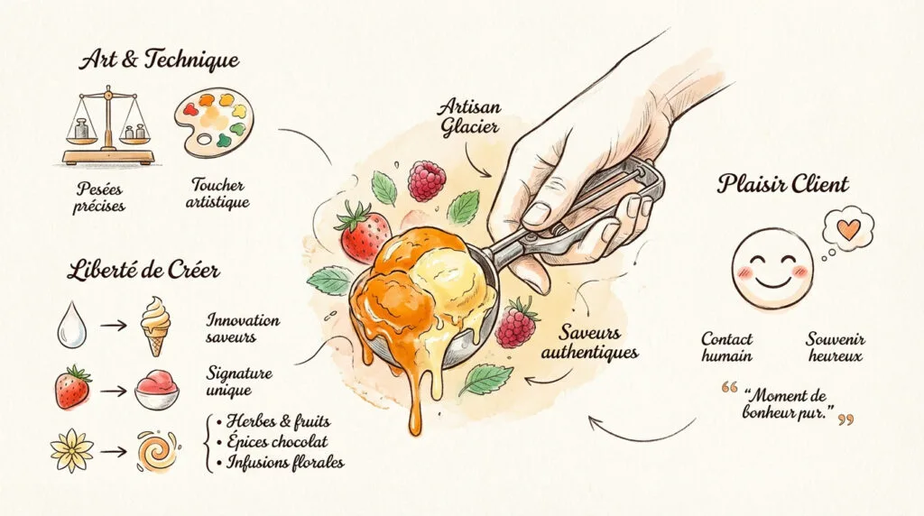 Artisan glacier préparant une glace artisanale avec des fruits frais
