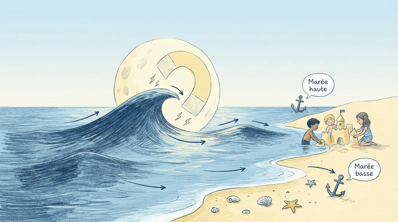 Illustration didactique de la Lune stylisée en aimant, tirant l'océan pour créer marées hautes et basses. Enfants jouent sur la plage.