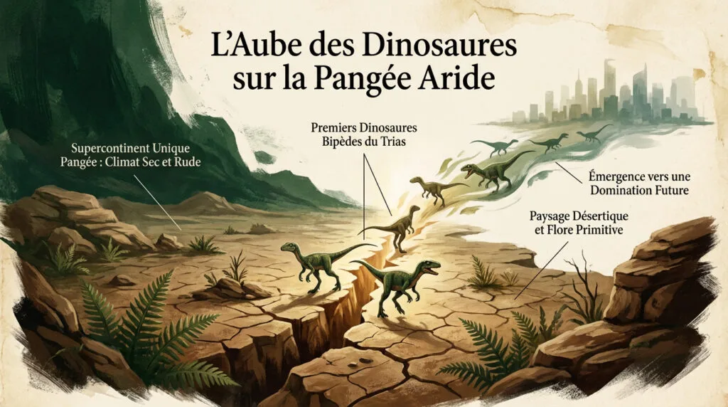 Paysage aride du supercontinent Pangée au début de l'ère des dinosaures