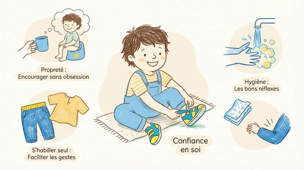 Enfant qui apprend les gestes de l'autonomie et de la propreté avant la rentrée en maternelle