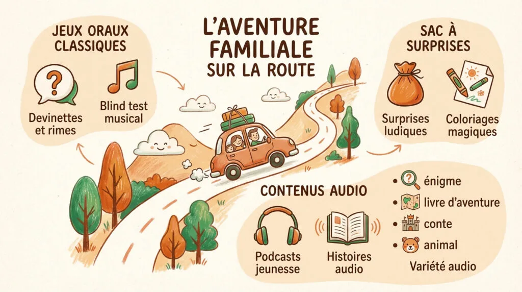 Enfants souriants jouant ensemble sur la banquette arrière d'une voiture pendant un voyage