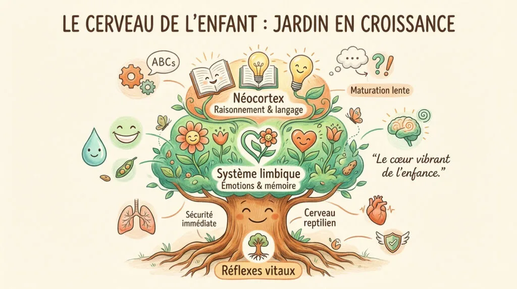 Illustration pédagogique du développement cérébral de l'enfant comme un jardin en croissance