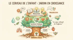 Infographie ludique illustrant le cerveau de l'enfant comme un arbre en croissance, expliquant ses différentes parties et fonctions.