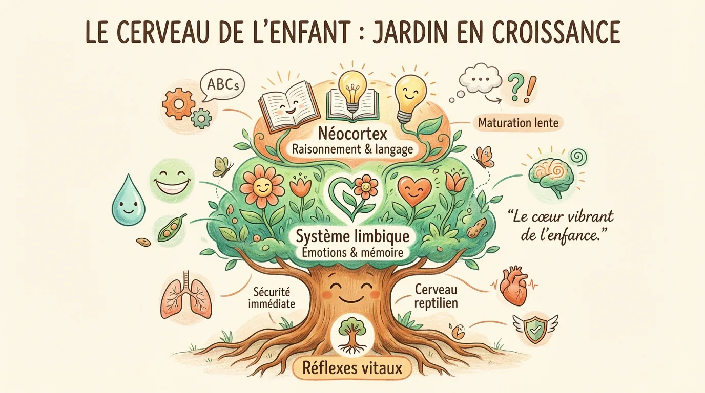 Infographie ludique illustrant le cerveau de l'enfant comme un arbre en croissance, expliquant ses différentes parties et fonctions.