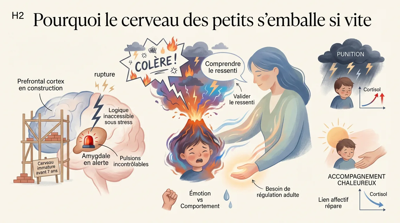 Illustration du cerveau de l'enfant, expliquant les émotions et comparant l'impact de la punition et de l'accompagnement bienveillant.