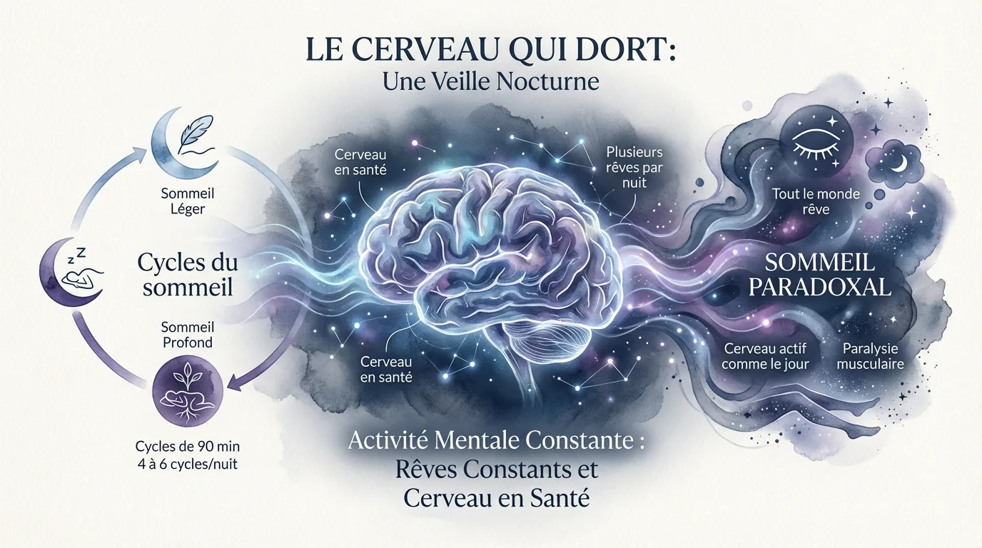 Infographie sur le cerveau endormi, montrant les cycles de sommeil, le rôle du cerveau et le sommeil paradoxal avec les rêves.
